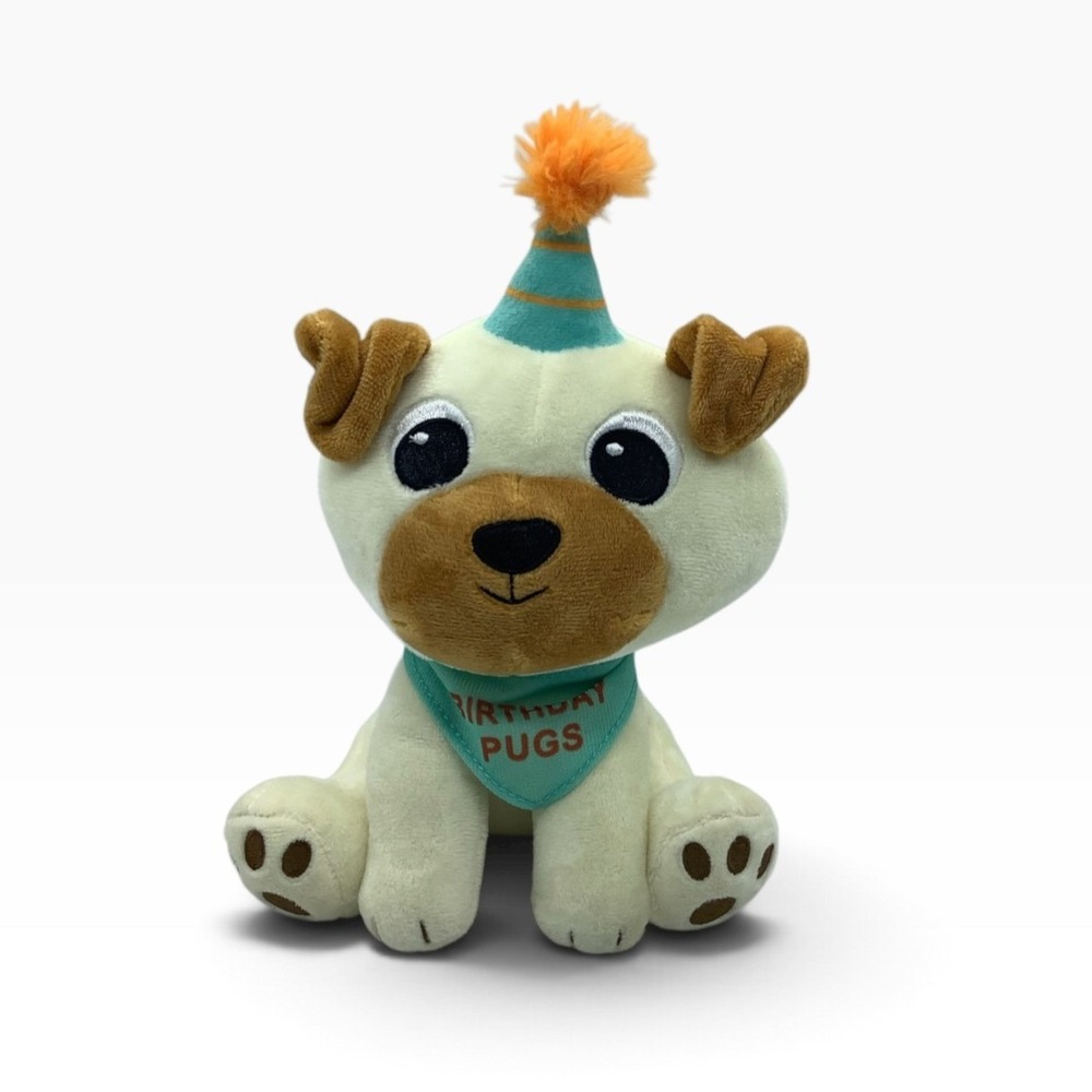 American Greetings Birthday Pugs Plush Dog Teal Party Hat Bandana 9"